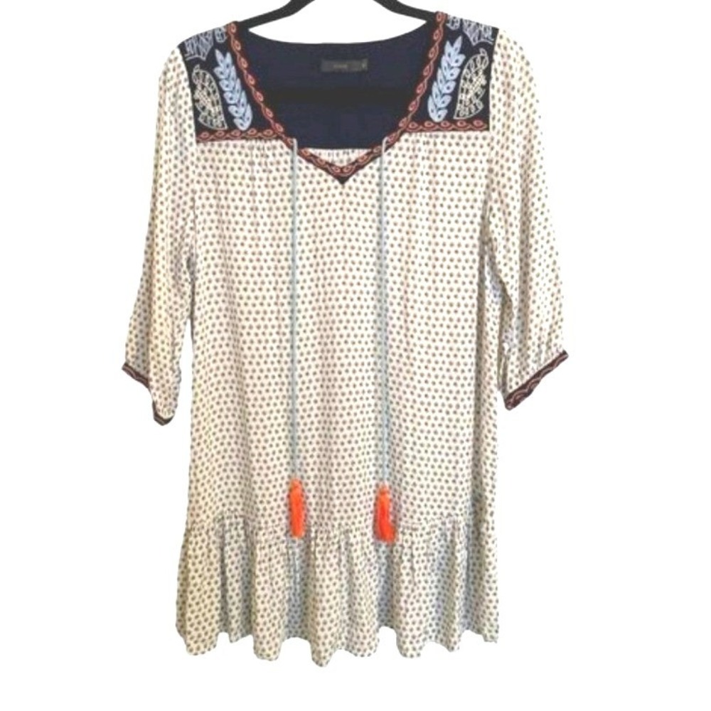 THML‎ TUNIC MINI DRESS SIZE MEDIUM TASSLE TIE WHITE BLUE ORANGE